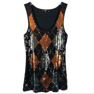 Express black tank top w sequin argyle pattern, L